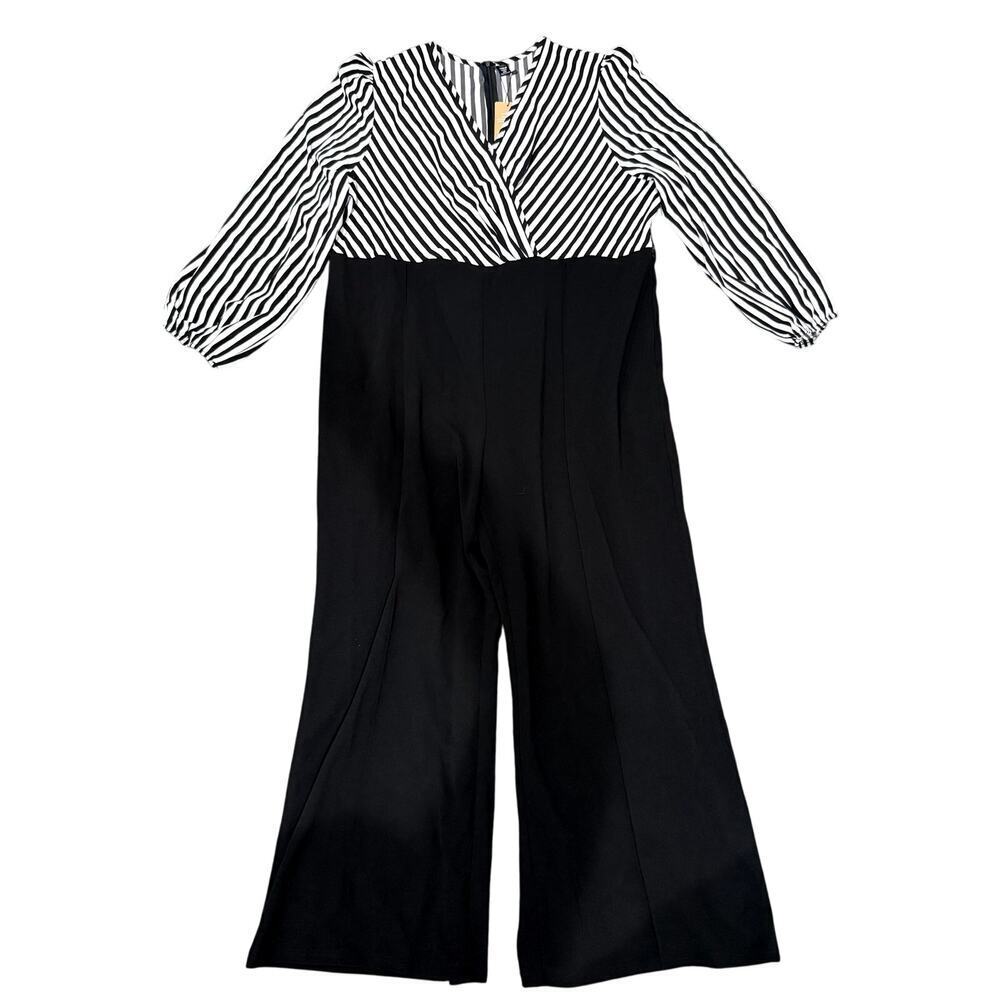 Women's Striped Long Sleeve Wide Leg Jumpsuit in Black, Size 4XL​​